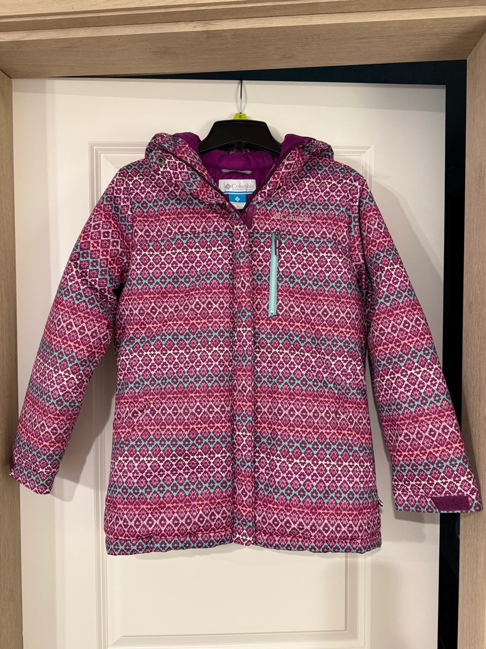 Columbia Girls' Pink & Teal Patterned Hooded Puffer Jacket